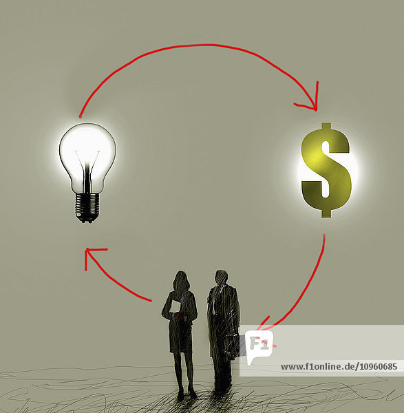 Geschäftsmann und Geschäftsfrau machen sich Gedanken mit Glühbirne und Dollarzeichen