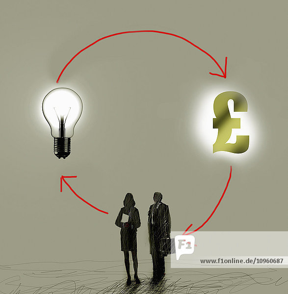 Geschäftsmann und Geschäftsfrau machen sich Gedanken mit Glühbirne und Pfundzeichen