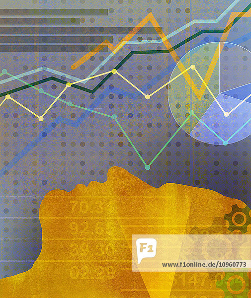 Diagramme  Daten und Finanzzahlen über dem Kopf eines Mannes