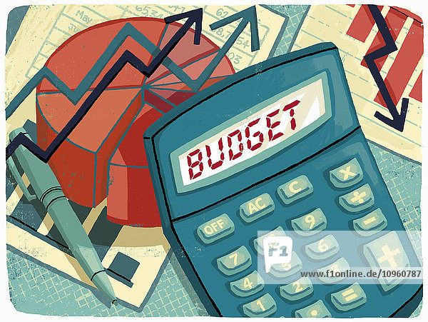 Taschenrechner,  Diagramme und Finanzzahlen kalkulieren das Budget