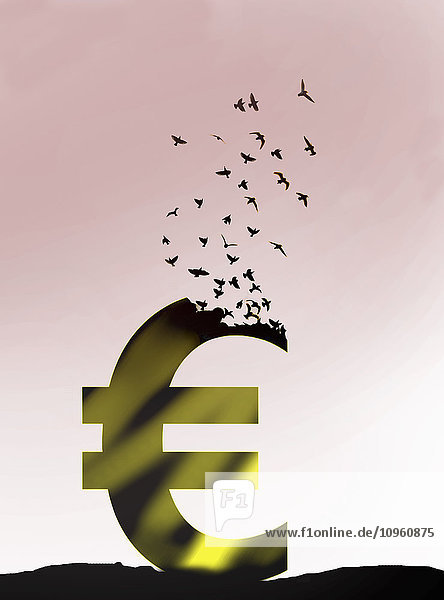 Vogelschwarm fliegt aus zerbrechendem Eurozeichen