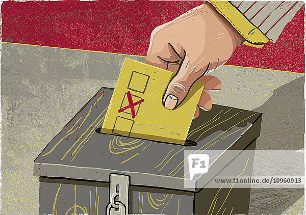 Hand steckt einen Wahlzettel in die Wahlurne