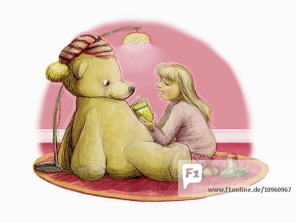 Mädchen liest einem großen Teddybär eine Gutenachtgeschichte vor