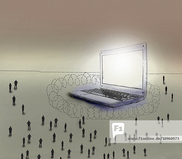 Menschen wird der Zutritt verweigert zu einem großen Laptop umgeben von Stacheldraht