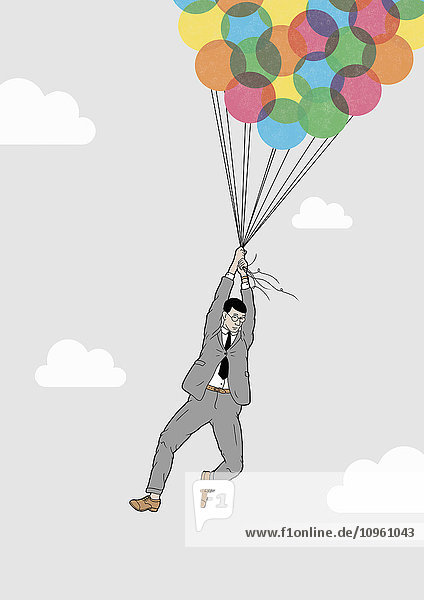 Geschäftsmann wird von einem Bund Ballons in den Himmel gezogen
