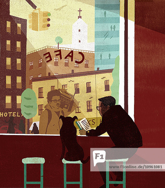 Mann mit altmodischem Ghettoblaster schaut durch ein Cafefenster zu einem lesenden Mann