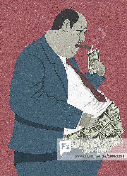 Übergewichtiger Geschäftsmann zündet sich eine Zigarre mit Hundertdollarschein an