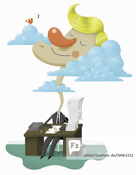 Verträumter Geschäftsmann mit viel Arbeit sitzt am Schreibtisch mit dem Kopf in den Wolken