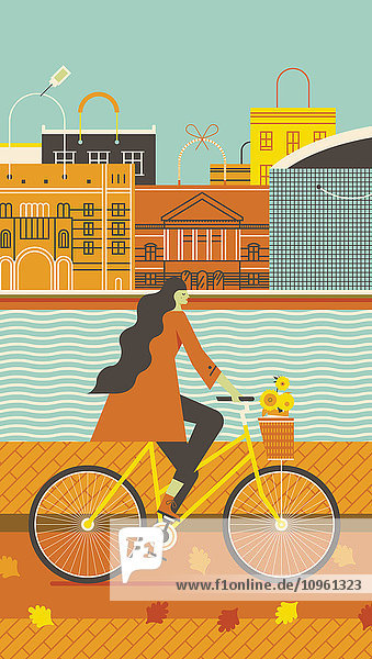 Frau fährt Fahrrad an einer Gracht in Holland mit Einkaufstaschen als Gebäuden