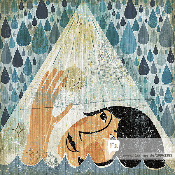 Ertrinkende Frau greift nach einem Lichtstrahl im Regen