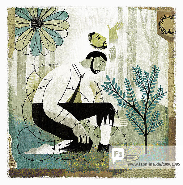 Wandel von einem traurigen Mann beim Pflanzen umgeben von Stacheldraht zu gelassenem Mann