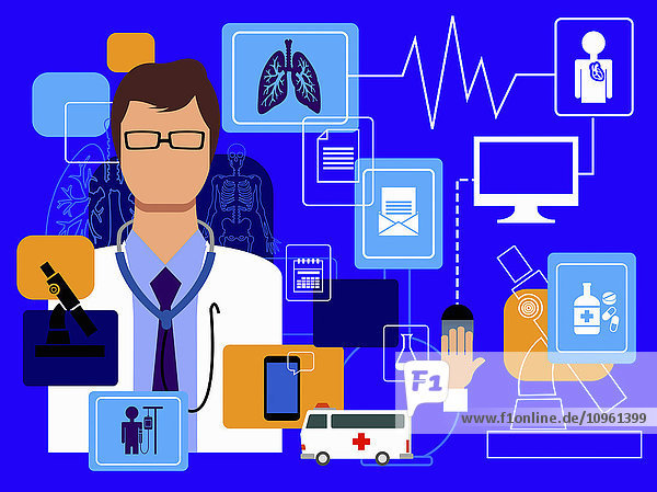 Arzt und Computertechnologie in einer Montage zum Gesundheitswesen