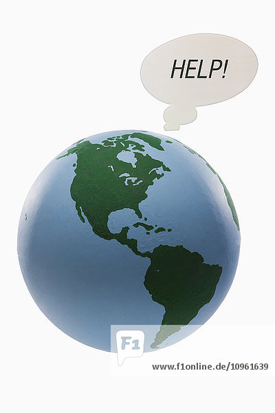 Globus mit Sprechblase  auf der Hilfe steht; Edmonton  Alberta  Kanada'.