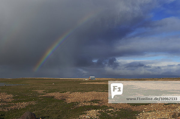Regenbogen über der Tundra und einer abgelegenen Hütte  in der Nähe von Cambridge Bay; Nunavut  Kanada