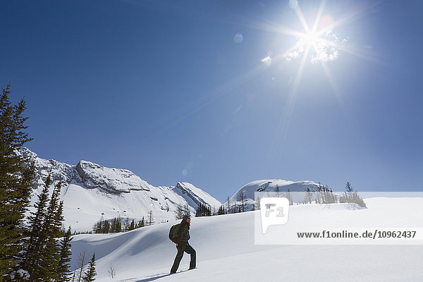 Männlicher Schneeschuhwanderer auf schneebedecktem Berghang mit Bergkette  Sonnenaufgang und blauem Himmel im Hintergrund; Alberta  Kanada'.
