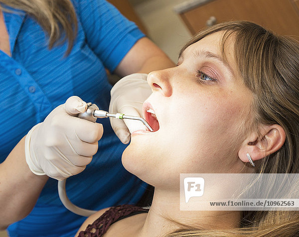 Zahnmedizinische Fachangestellte bei der Behandlung einer Patientin; Edmonton  Alberta  Kanada'.