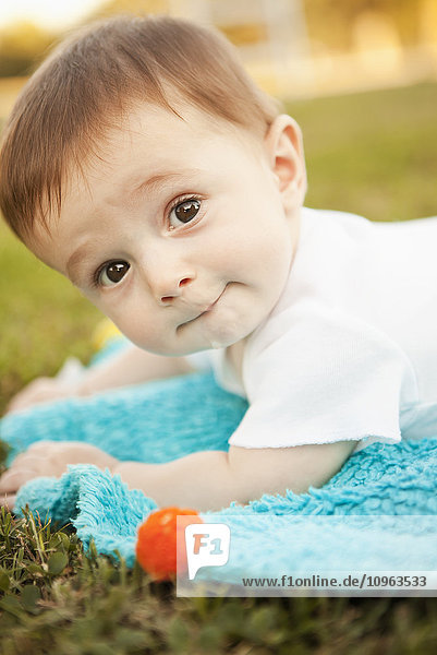 Porträt eines kleinen Jungen  der auf einer blauen Decke im Gras liegt; Nashville  Tennessee  Vereinigte Staaten von Amerika