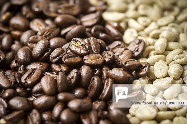 Detail von ungerösteten grünen Kaffeebohnen und braunen gerösteten Bohnen; Takoma Park  Maryland  Vereinigte Staaten von Amerika'.