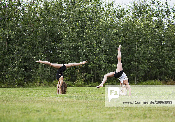 Zwei jugendliche Turnerinnen üben ihre Übungen im Freien in einem Park; Edmonton  Alberta  Kanada'.