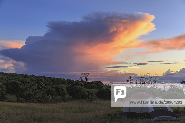'Campingplatz im Keanakolu State Park mit Kumulonimbuswolken bei Sonnenaufgang; Insel Hawaii  Hawaii  Vereinigte Staaten von Amerika'.