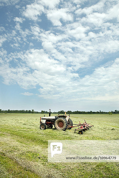 Ein Traktor mit einer Egge auf einem gemähten Heu-Feld; Quebec  Kanada'.