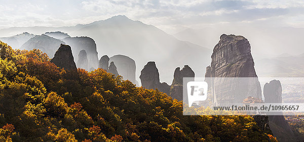 'Rugged cliffs and a monastery; Meteora  Greece'