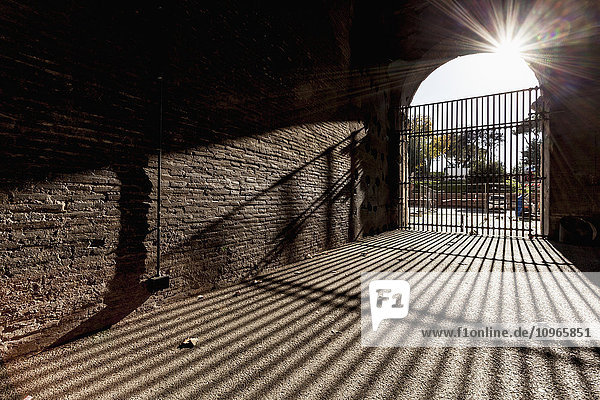 'Bars at entrance closed and shadow cast on the ground; Rome  Italy'