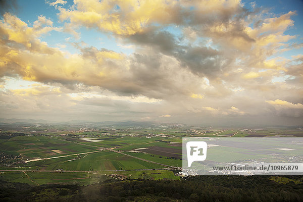 'Mount Carmel with glowing clouds over Jezreel Valley; Israel'