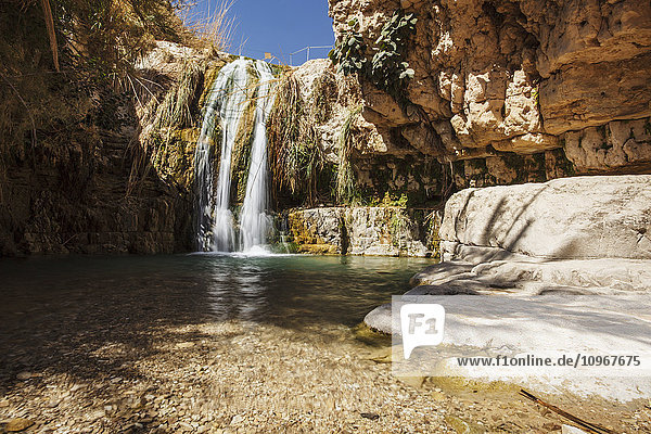 'David and his men stayed in Ein Gedi and certainly enjoyed the fresh water falling from the Desert plateau above. There are several waterfalls of differing sizes that make there way down to the Dead Sea below; Ein Gedi  Israel'