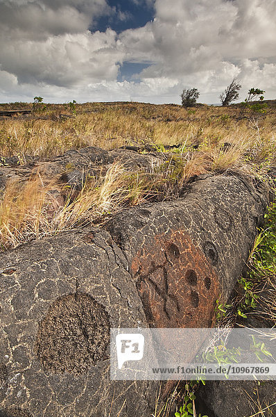Petroglyphen auf einem Felsvorsprung im Hawaii Volcanoes National Park; Insel Hawaii  Hawaii  Vereinigte Staaten von Amerika'.