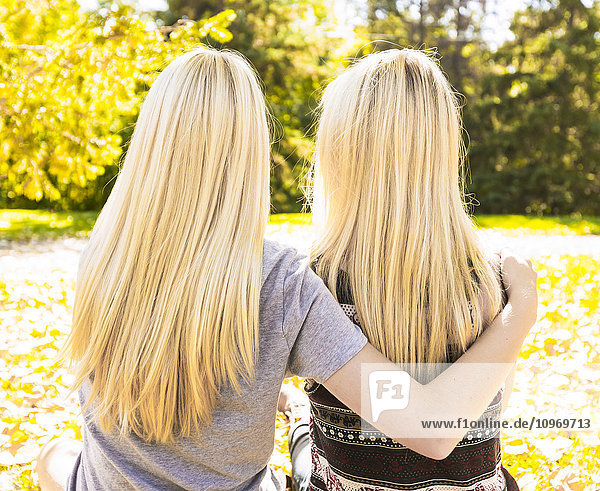'View from behind of two sisters hanging out in a city park together in autumn; Edmonton  Alberta  Canada'