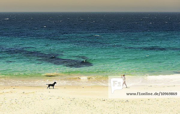 'A young woman walks on the beach of the mediterranean sea with her dog; Tarifa  Cadiz  Andalusia  Spain'