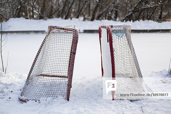 Zwei Hockeynetze im Schnee neben einer gefrorenen Eisbahn; Wetaskiwin  Alberta  Kanada'.