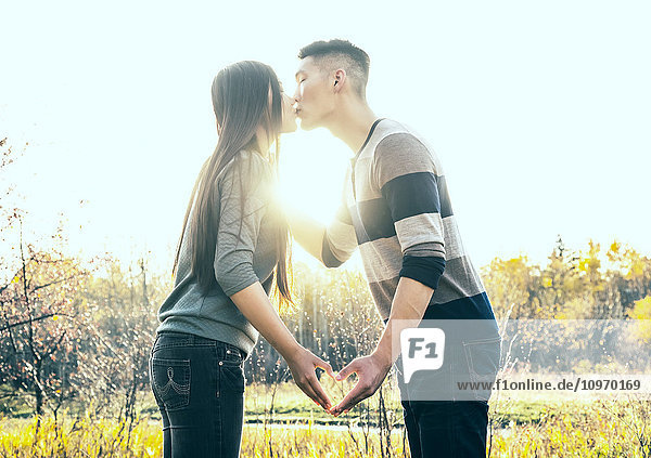 'A young Asian couple kissing in a park in autumn and making a heart with their hands in the warmth of the setting sun; Edmonton  Alberta  Canada'