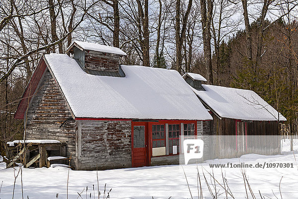 Zuckerhaus im Frühling mit Schnee; Waterloo  Quebec  Kanada'.