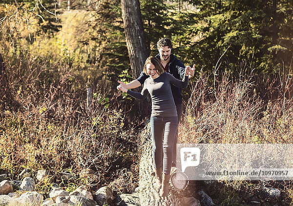 Ein junges Paar geht über einen Baumstamm  während es einen Herbstausflug in einem Stadtpark genießt; Edmonton  Alberta  Kanada'.