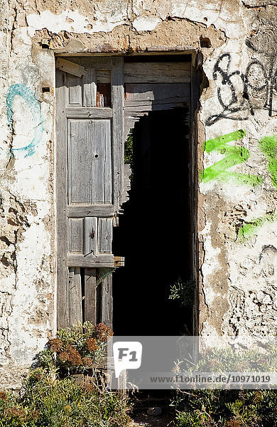 'A broken wooden door on a wall covered with graffiti near Chiclana de la Frontera; Andalusia Spain'