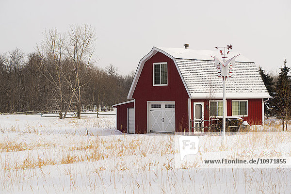 A red barn house in the country in winter; Winnipeg  Manitoba  Canada