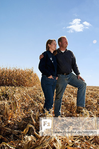 Agriculture - Farmer husband and wife pose together in a partially harvested grain corn field in Autumn / near Sioux City  Iowa  USA.