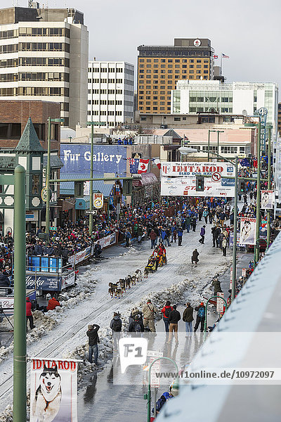 Mitch Seavey leaves the start line on 4th avenue during the cermonial start day of Iditarod 2015 in Anchorage  Alaska