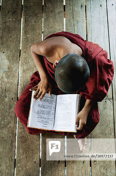 'Novice buddhist monk reading a book; Bagan  Myanmar'
