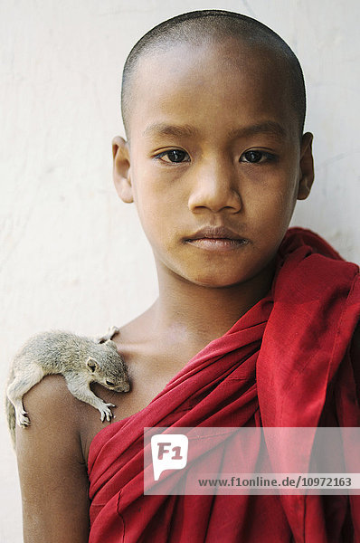 'Novice monk with a critter on his shoulder; Bagan  Myanmar'