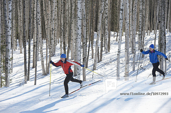 Friends enjoy nordic skiing on the Jim Whisenhant Cross Country Ski Trail system at Birch Hill Recreation Area in Fairbanks Alaska
