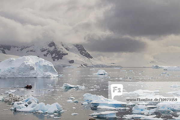 'Zodiac among icebergs in Neko Harbor  Antarctic Peninsula; Antarctica'