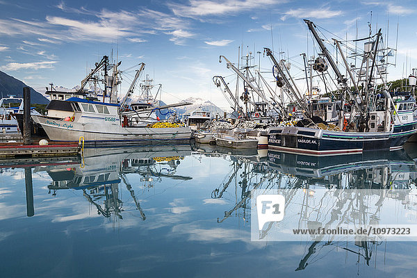 Blick auf Wadenfischerboote  die sich im Wasser spiegeln  Valdez Bootshafen  Southcentral Alaska  Sommer.