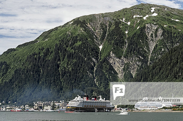 Cruise ships moored at the docks at Juneau  Gastineau Channel  Southeast Alaska