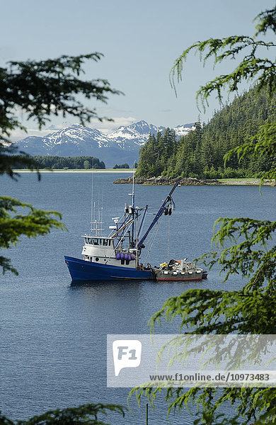 Commercial fishing boat anchored in Amalga Bay north of Juneau  Southeast Alaska