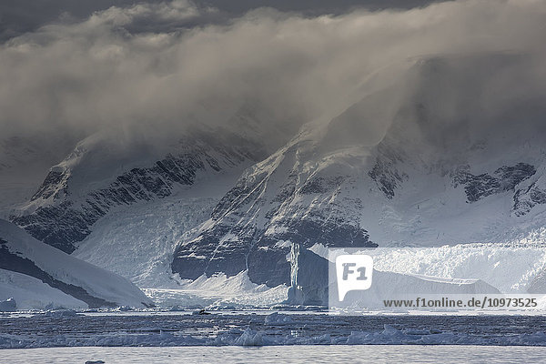 'Icebergs in front of Anvers Island along Gerlache Strait  Antarctic Peninsula; Antarctica'