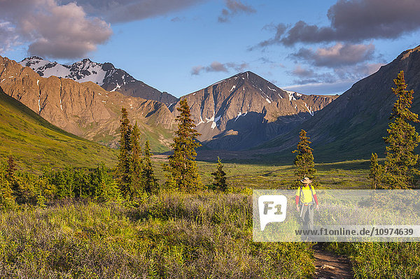 A man Hiking in South Fork near Eagle River on a summer day in South Central Alaska.