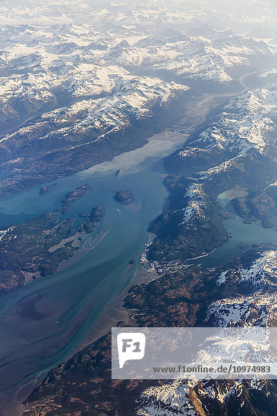 Aerial view of Cordova and Orca Inlet with the Chugach Mountains in the background  Cordova  Southeast Alaska  USA  Summer